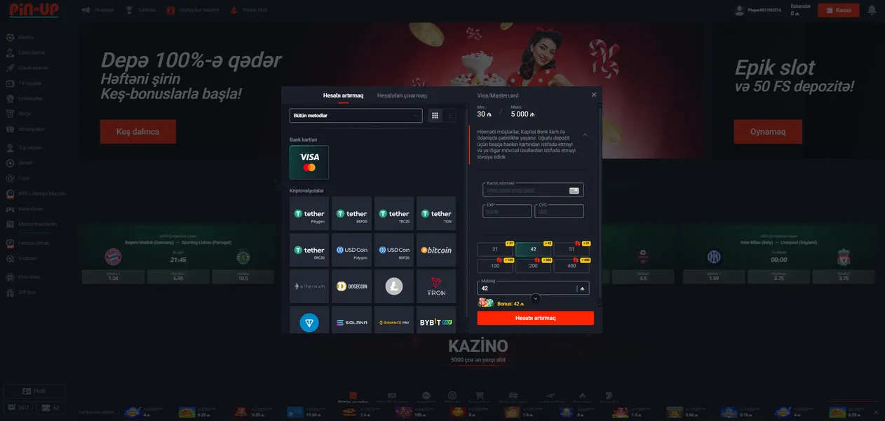 Pin-Up Casino login edildikdən sonra hesabın artırılması